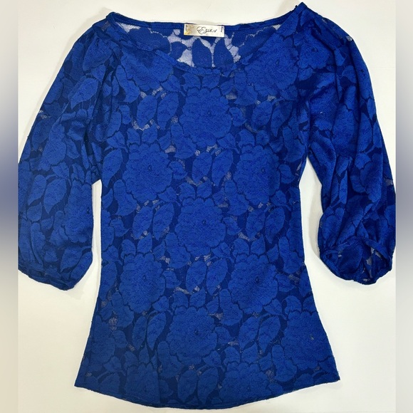 Ezra Cobalt Blue Lace Puff Sleeve Blouse Size Small - Picture 3 of 7